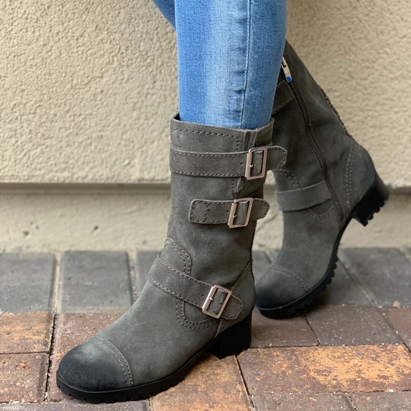 Charcoal Gray Distressed Suede Combat Moto Boots - Picture 7 of 7